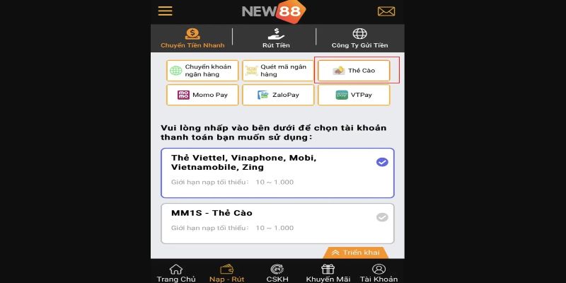 Nạp tiền vào tài khoản của bạn tại New88 thông qua thẻ cào